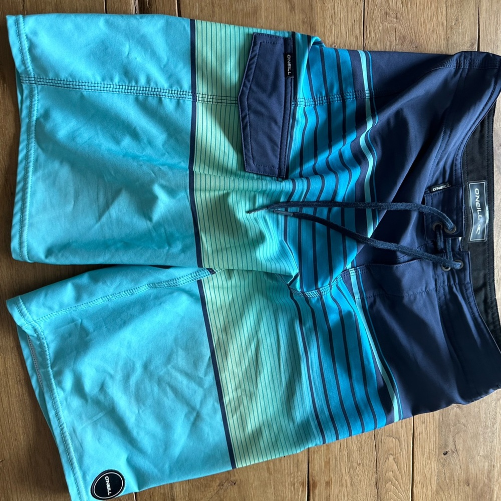 O’Neill Blue & Black Stripe Surf Trunks Board Shirts Size 28
